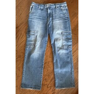 Risen 15/32 High Rise Distressed Denim Cargo Jeans Utility Stretch Straight Leg